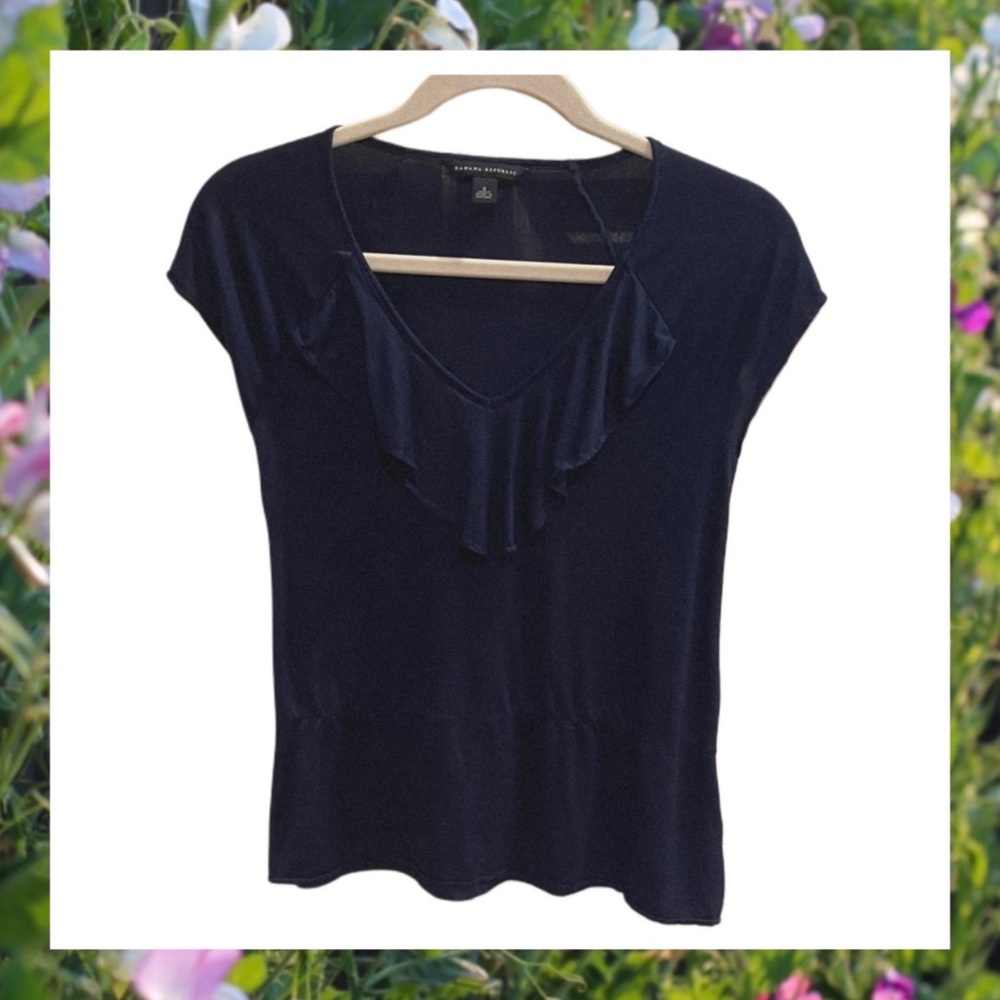 Banana Republic Navy Blue Ruffled Thin Short Sleeve Blouse Size S